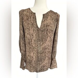 Chelsea Flower 100% Silk Animal Print Blouse XS Brown Black Top Zipper Cuff Boho
